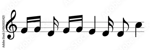 Black musical notes are arranged on a staff