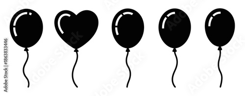 Five simple black balloons are arranged in a row