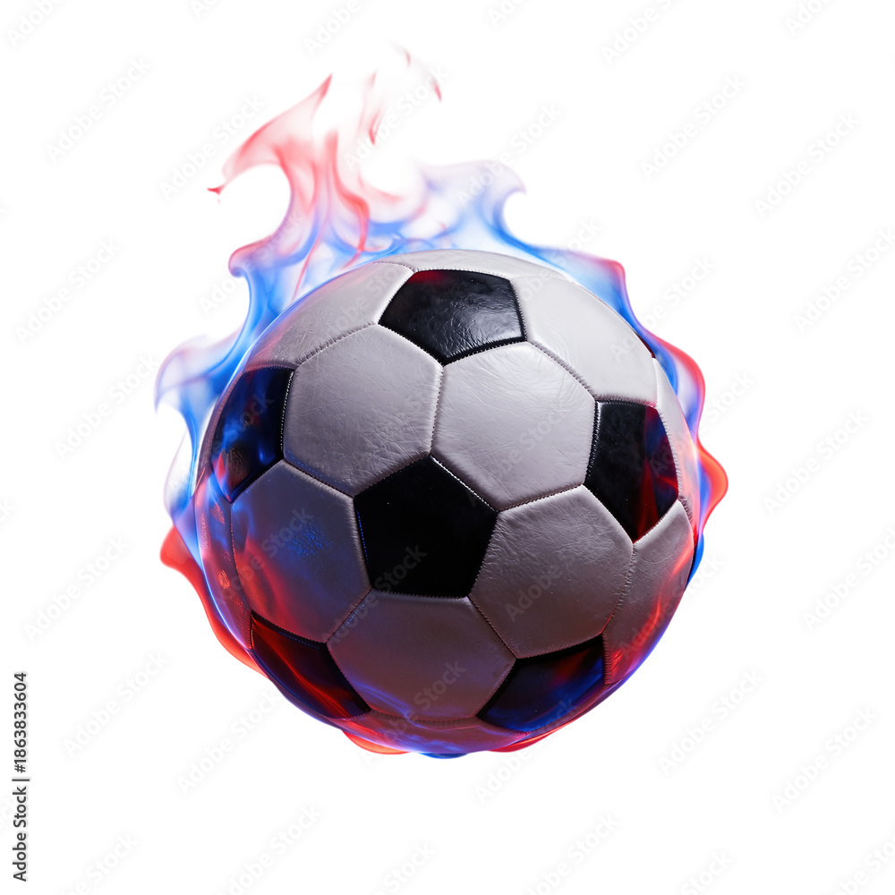 Fototapeta premium Black and white soccer ball engulfed in red and blue flames.