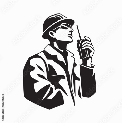 Worker with Walkie-talkie Radio Vector Illustration on White Background