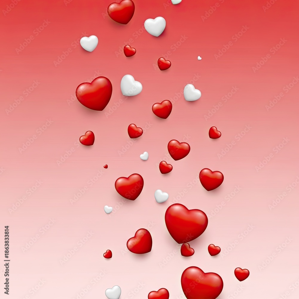 Obraz premium A vibrant background featuring numerous glossy red and white three-dimensional hearts floating upwards or falling downwards on a gradient red and pink backdrop, symbolizing love and romance.