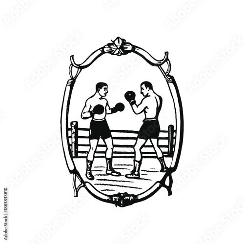 Black and white vintage illustration of boxers fighting in classic style vector art