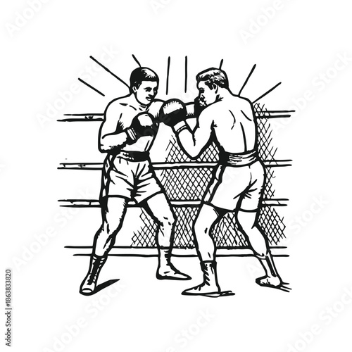 Black and white vintage illustration of boxers fighting in classic style vector art