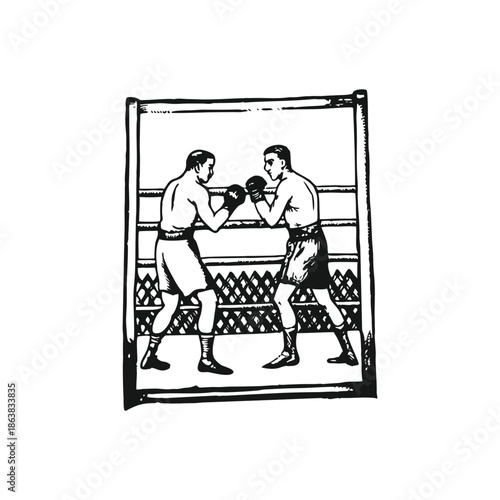 Black and white vintage illustration of boxers fighting in classic style vector art