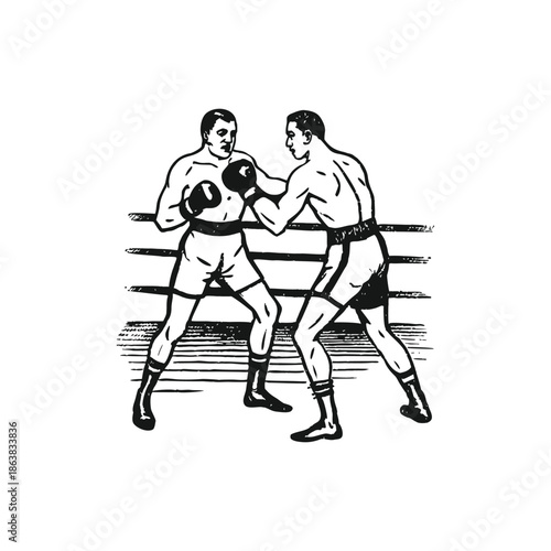 Black and white vintage illustration of boxers fighting in classic style vector art