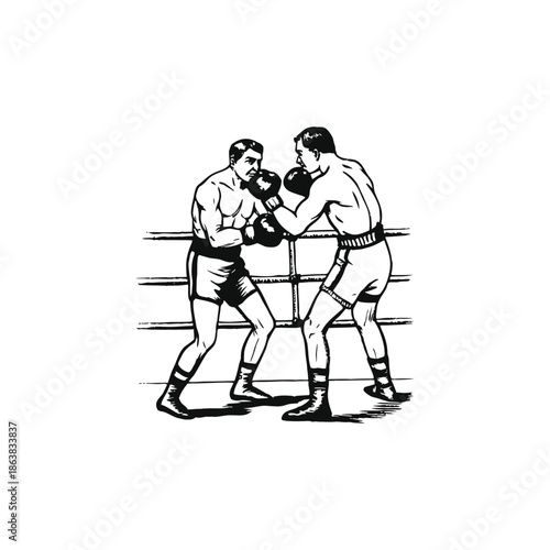 Black and white vintage illustration of boxers fighting in classic style vector art