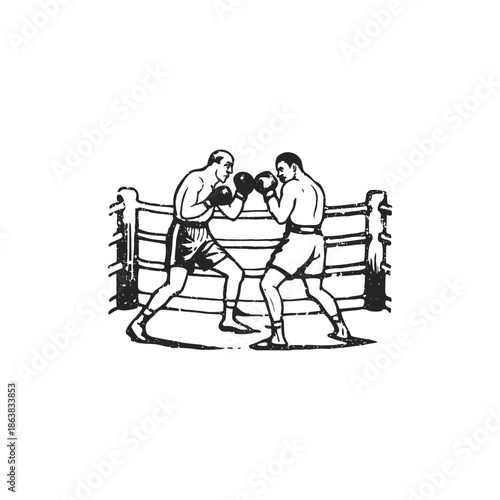 Black and white vintage illustration of boxers fighting in classic style vector art