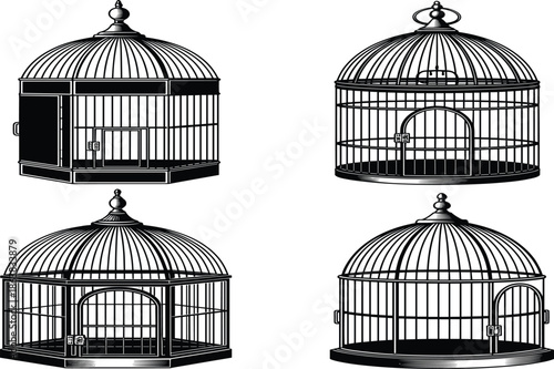 Black and white vector illustration set featuring a collection of vintage ornate birdcages with decorative domes and wire mesh isolated on white.