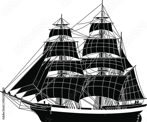 Classic sailing ship silhouette with full rigging and sails, maritime history vessel concept isolated black vector illustration on white background