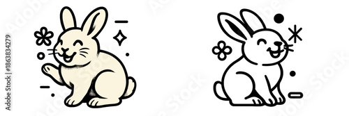 Two cheerful bunnies are depicted in a vector style