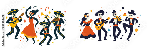 Colorful skeleton dancers celebrating at a festive gathering