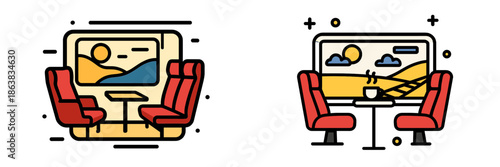Vector illustration of a cozy train interior with scenic views