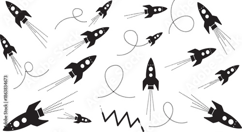 A dynamic collection of black rockets soaring through space, leaving behind playful trails and zig-zag patterns