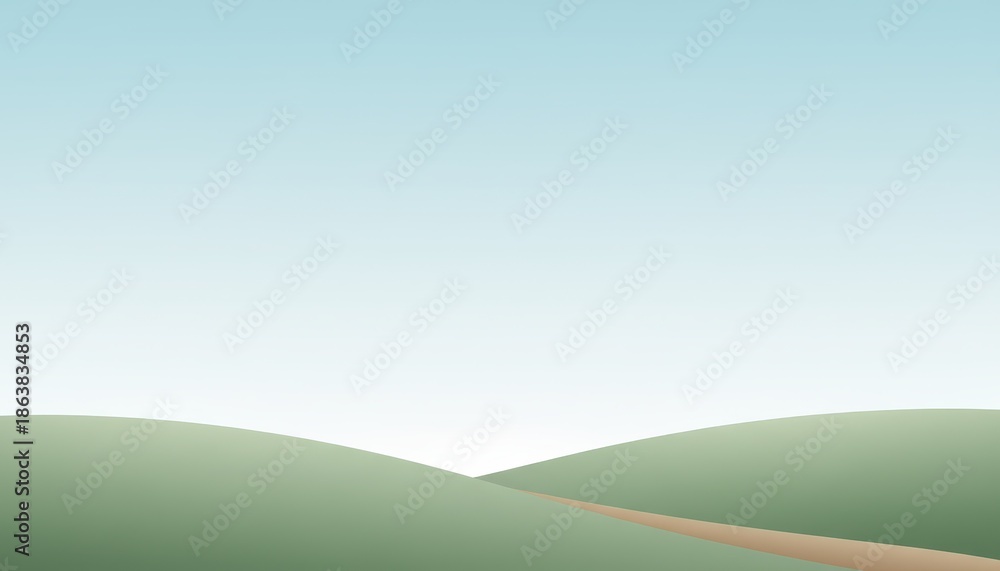Obraz premium Minimalist Green Hills Landscape Illustration with a Winding Path Under a Clear Blue Sky