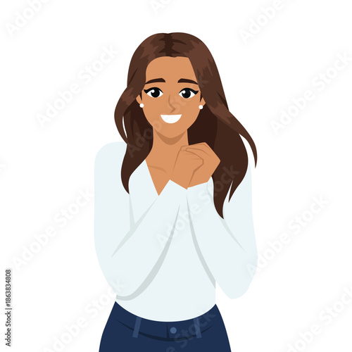 Happy Young Woman with Hands Clasped Smiling. Flat Vector character illustration