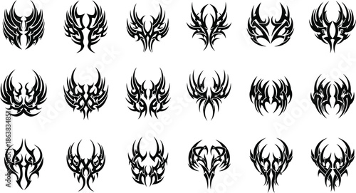 Collection of Tribal Wing Tattoo Designs Abstract Black Symmetrical Vector Elements for Graphic Art and Body Ink