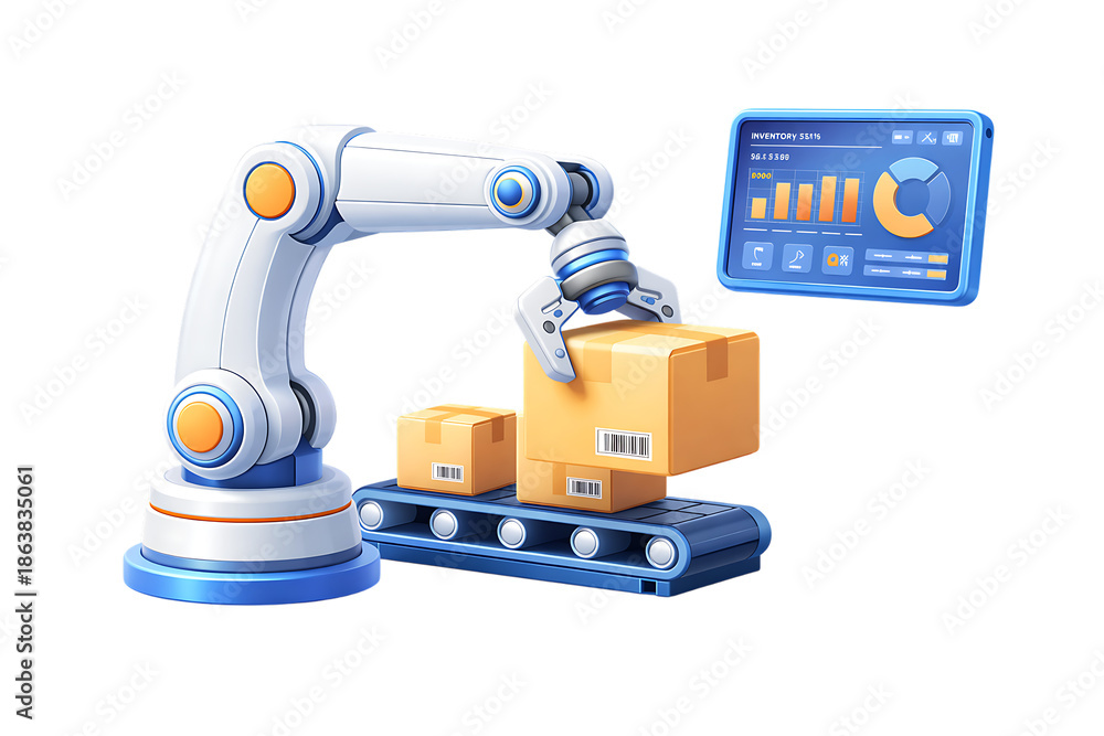 Fototapeta premium Robotic arm handling packages on conveyor belt with data analysis isolated on transparent background