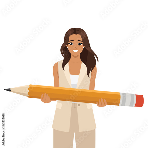 Smiling Woman Holding Giant Pencil, Creative Education. Flat Vector character illustration