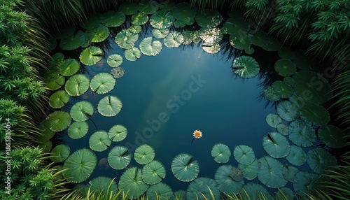 Aerial view of serene pond covered with green lily pads. A single white water lily blooms in dark blue water. Rich aquatic plants surround the tranquil natural scene. © Viktor