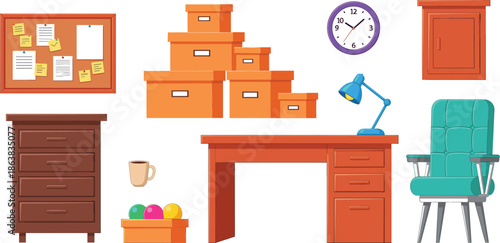 Vector illustration set of office furniture and supplies including a desk chair lamp bookshelf drawers bulletin board wall clock and storage boxes.