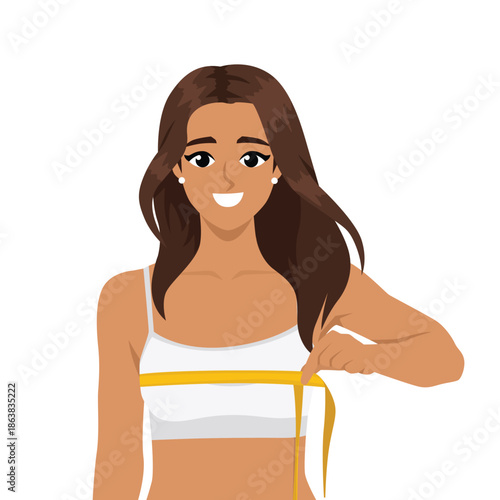 Woman Measuring Bust Size with Tape, Bra Measurement. Flat Vector character illustration