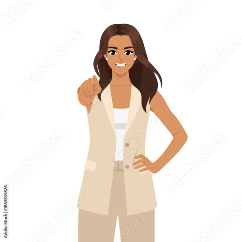 Angry Woman Pointing Forward, Assertive Warning. Flat Vector character illustration