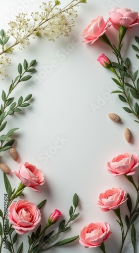 Flowers arranged in a circle with leaves and flowers on a white surface