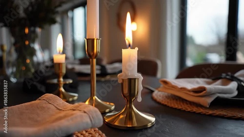 Elegant Dinner Setting With Candlelight, Delicate Napkins And Artistic Floral Centerpiece