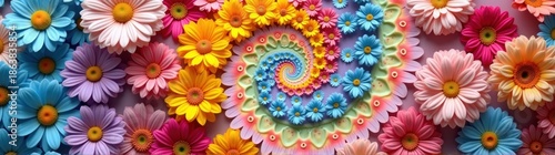 Brightly colored paper flowers arranged in a spiral pattern