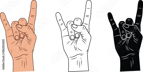 Three hands making the rock and roll sign in different colors and styles on a white background