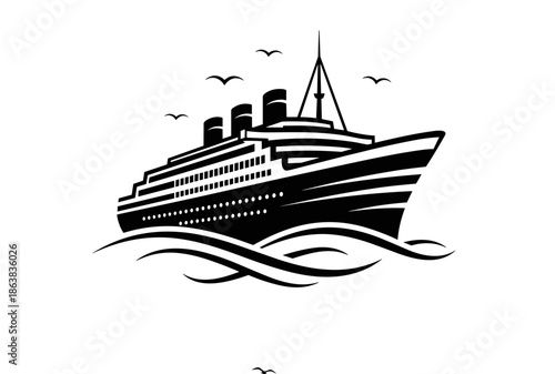 Minimalist black and white silhouette illustration of a cruise ship sailing on ocean waves. For logo design, branding, nautical themes, maritime transport concepts, posters, travel-related graphics.