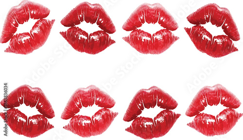 Vibrant Red Lips Kiss Mark Pattern on White Background Illustrating Love, Passion, and Beauty