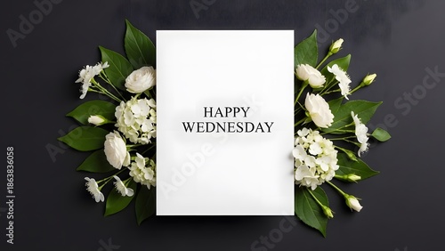 happy wednesday greeting card with flowers on dark background for weekday motivation and lifestyle design