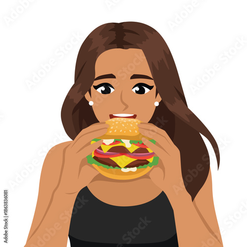 Woman Eating Burger Enjoying Fast Food. Flat Vector character illustration