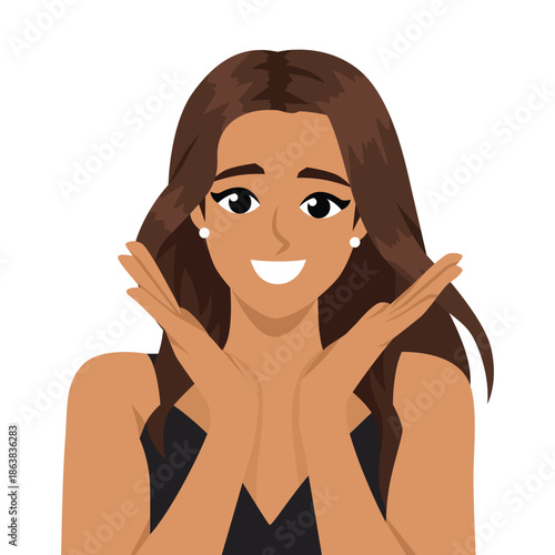 Happy Smiling Woman Showing Open Hands Gesture. Flat Vector character illustration