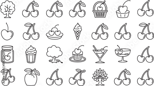 Collection of black outline icons featuring cherries trees cupcakes and ice cream cherry fruit