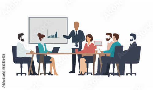 Business Meeting Vector Illustration with Presenter Explaining Data on Whiteboard