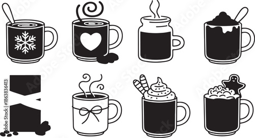 Collection of eight black and white hot chocolate mugs with various toppings and designs cocoa drink