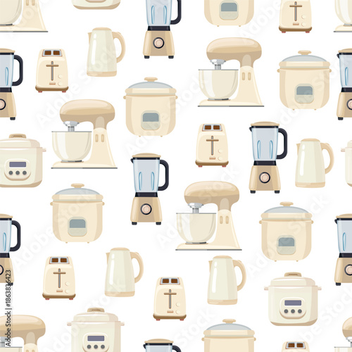Kitchen appliances seamless pattern. Flat vector clipart, illustration with isolated background.