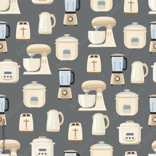 Kitchen appliances seamless pattern. Flat vector clipart, illustration with isolated background.