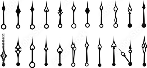 PrintBlack and white vector illustration set featuring a collection of diverse vintage and modern clock hand silhouettes isolated on a white background.
