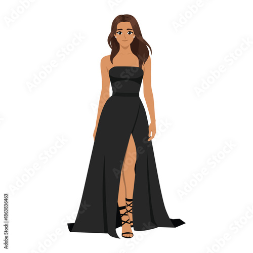 Elegant Woman Wearing Black Evening Dress. Flat Vector character illustration