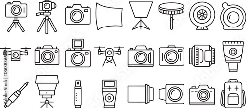 Collection of outline style icons for photography and videography equipment camera tripod