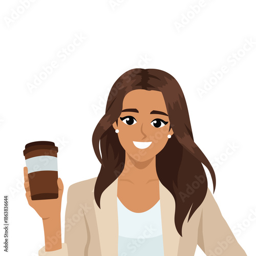 Smiling Woman Holding Takeaway Coffee Cup. Flat Vector character illustration