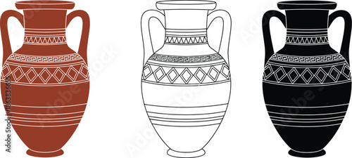 An illustration of three ancient clay vases with unique designs on a white background