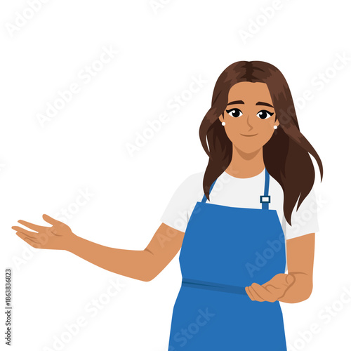 Friendly Woman Wearing Apron Presenting with Open Hands. Flat Vector character illustration