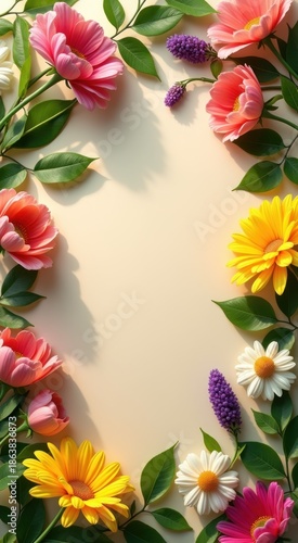 Heart made of flowers and leaves on a white surface