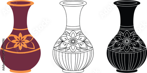 Three colorful vases with floral designs on a white background