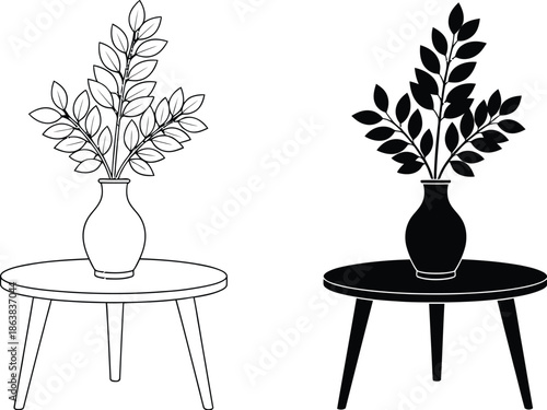A colorful illustration of two vases with leaves on small tables in different colors and styles