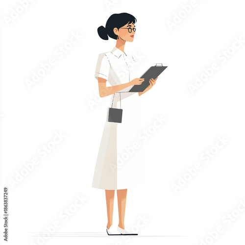 Nurse in white uniform holding clipboard focused and attentive ready to work